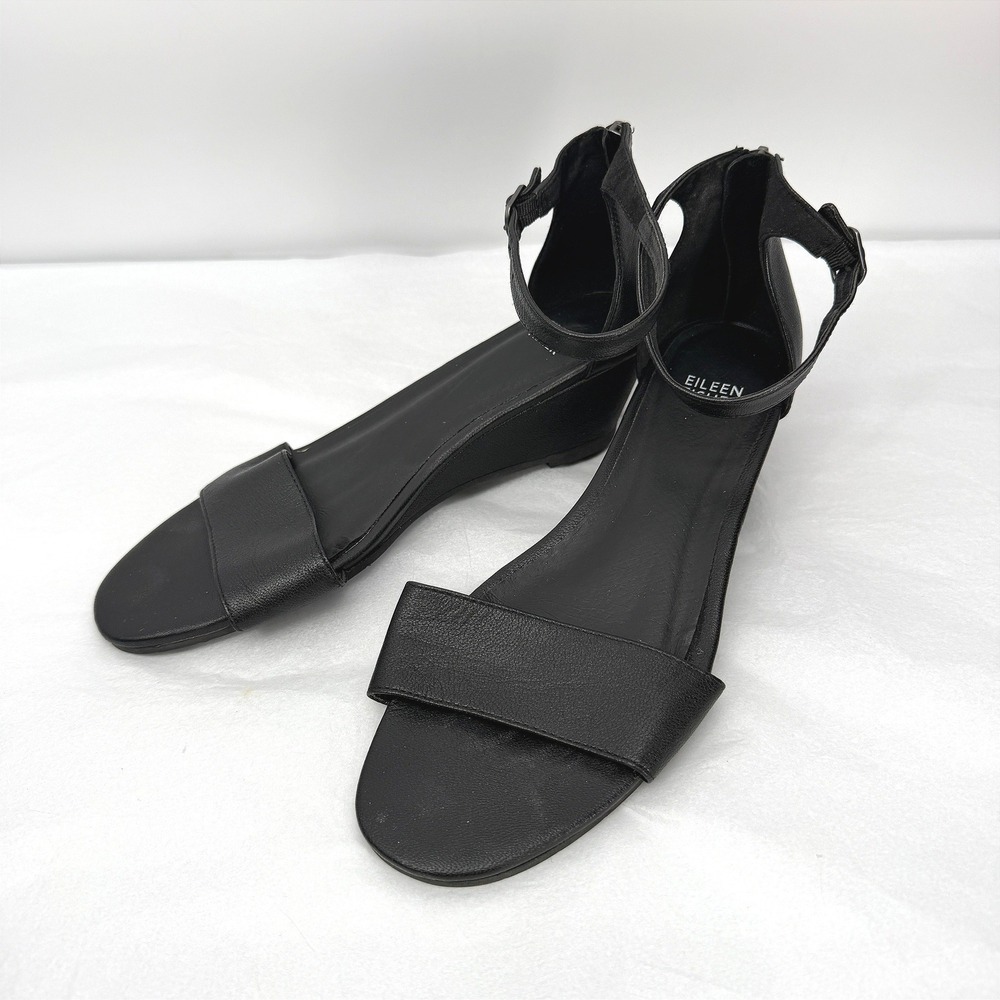 Eileen Fisher Black Leather Ankle Strap Wedge Sandals Minimalist Basic Size 9